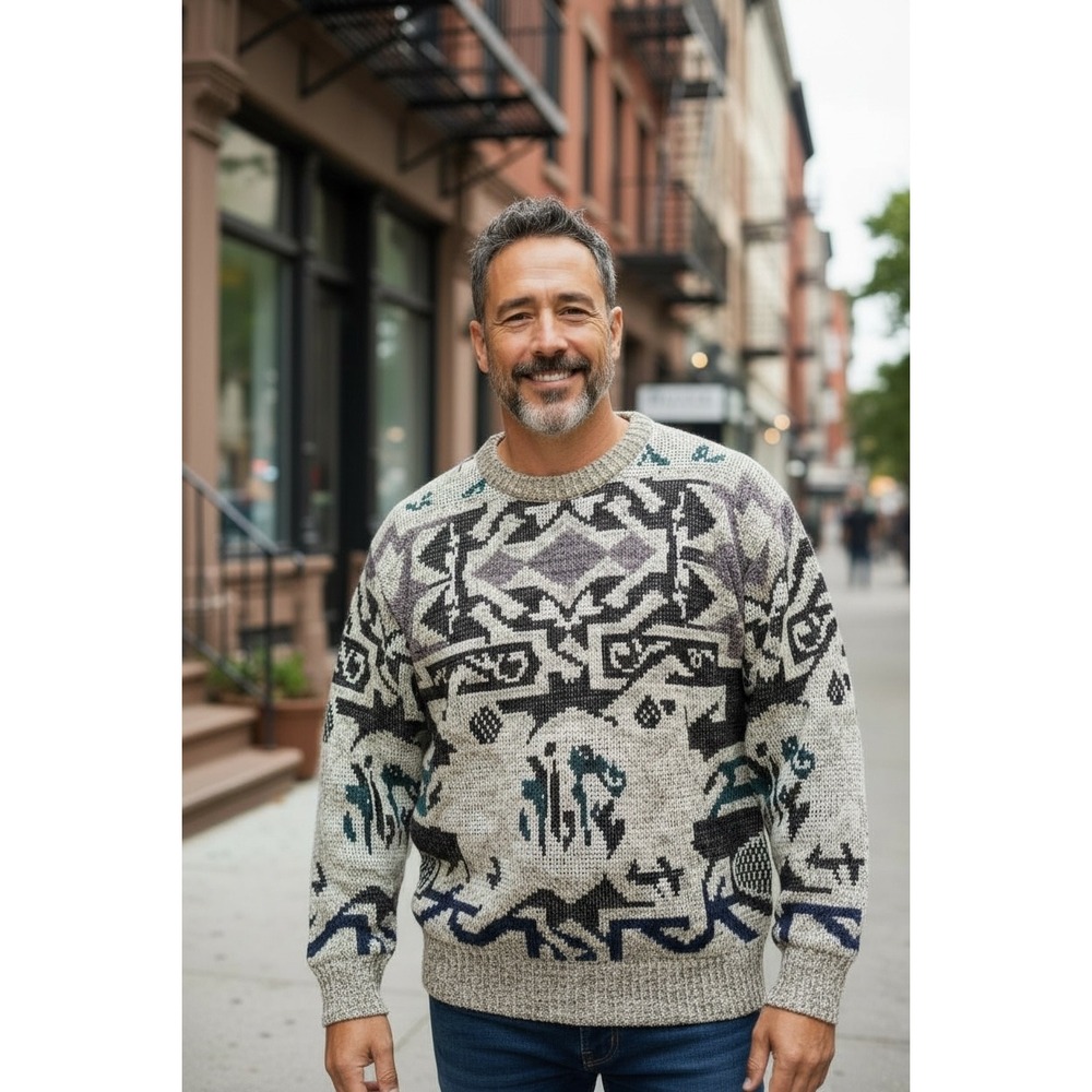 VTG Method Mens Geometric Pattern Knit Sweater XL Acrylic Cotton Crew Neck